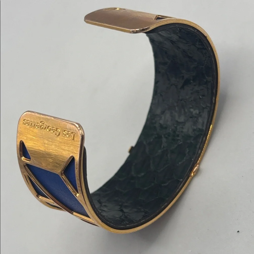 Les Georgettes Solaire gold-finish cuff bracelet Capri blue leather insert Euro - Picture 4 of 8